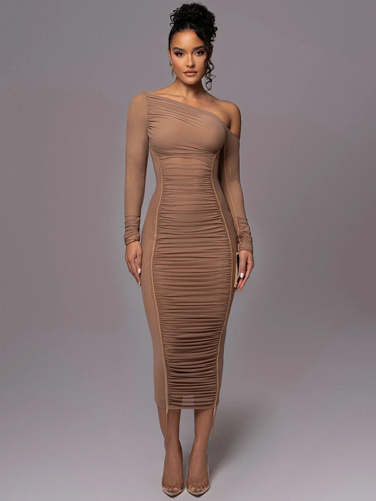 One-Shoulder Contour Mesh Dress