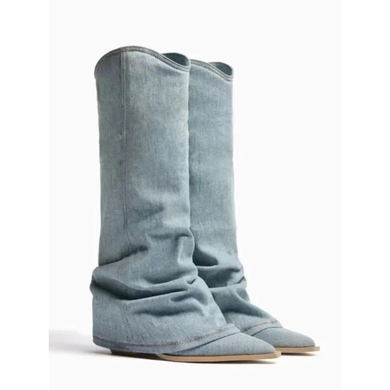 Distressed Denim Pointed Boots