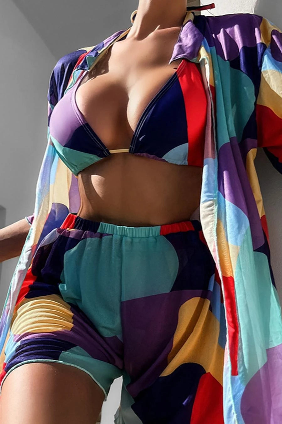 Colorblock Three-Piece Swimsuit Set