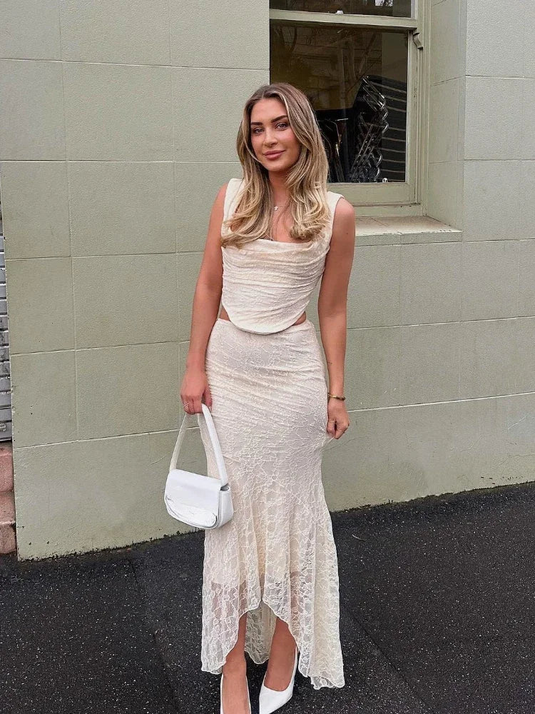 Lace Ruched Two-Piece Maxi Dress