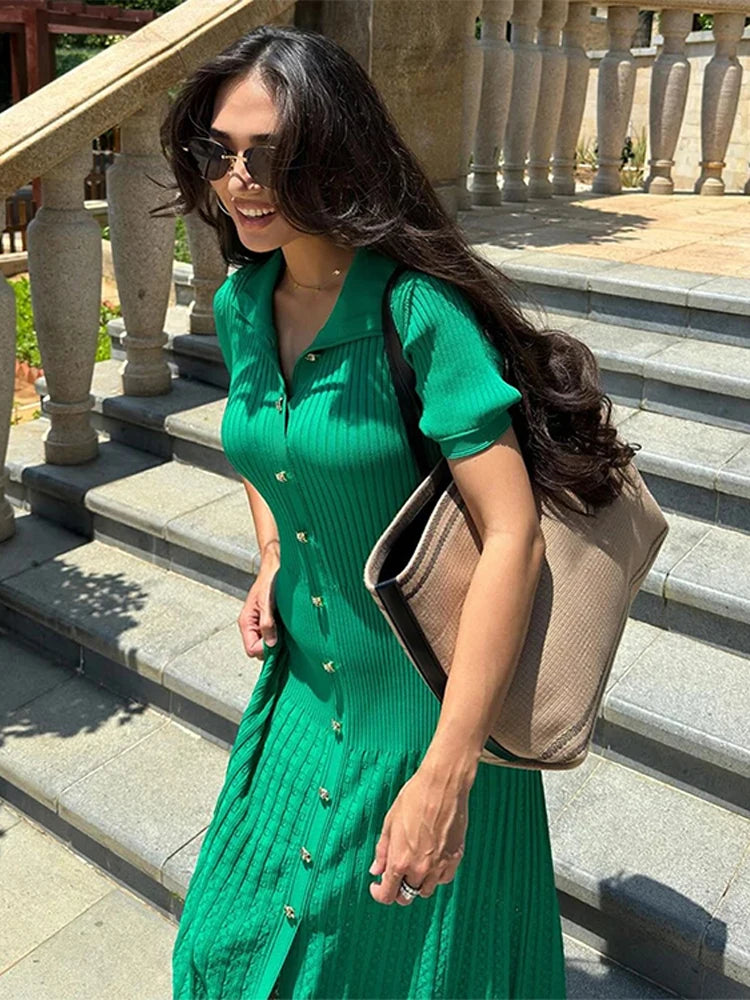 Button-Down Pleated Midi Dress