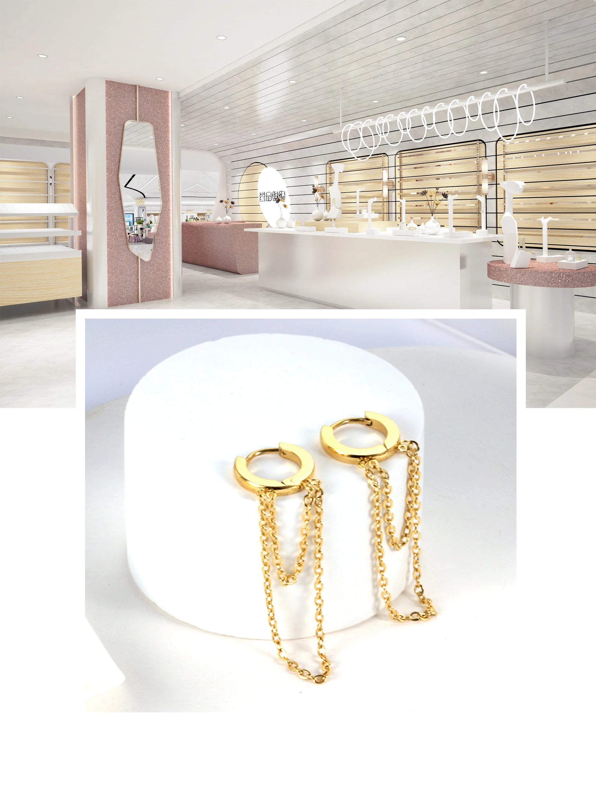 Gold Hoop Earrings with Double Chain Drop