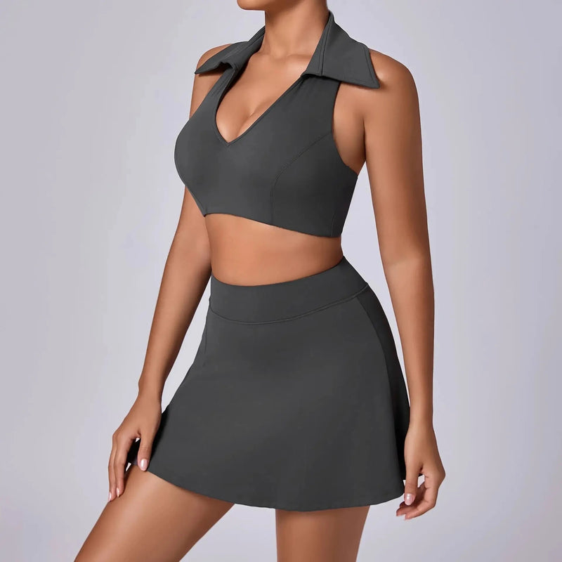 Collared Halter Tennis Skirt Set