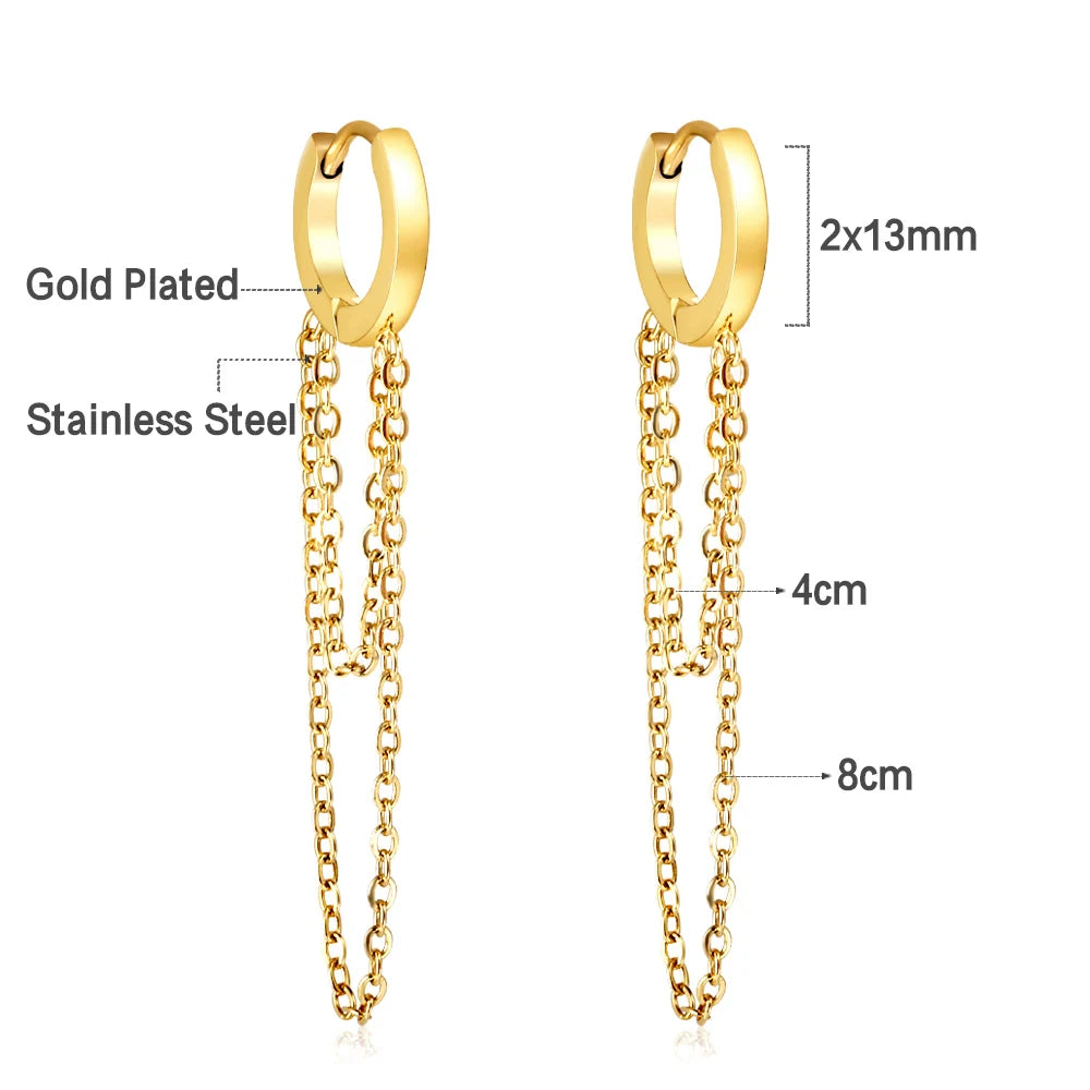 Gold Hoop Earrings with Double Chain Drop