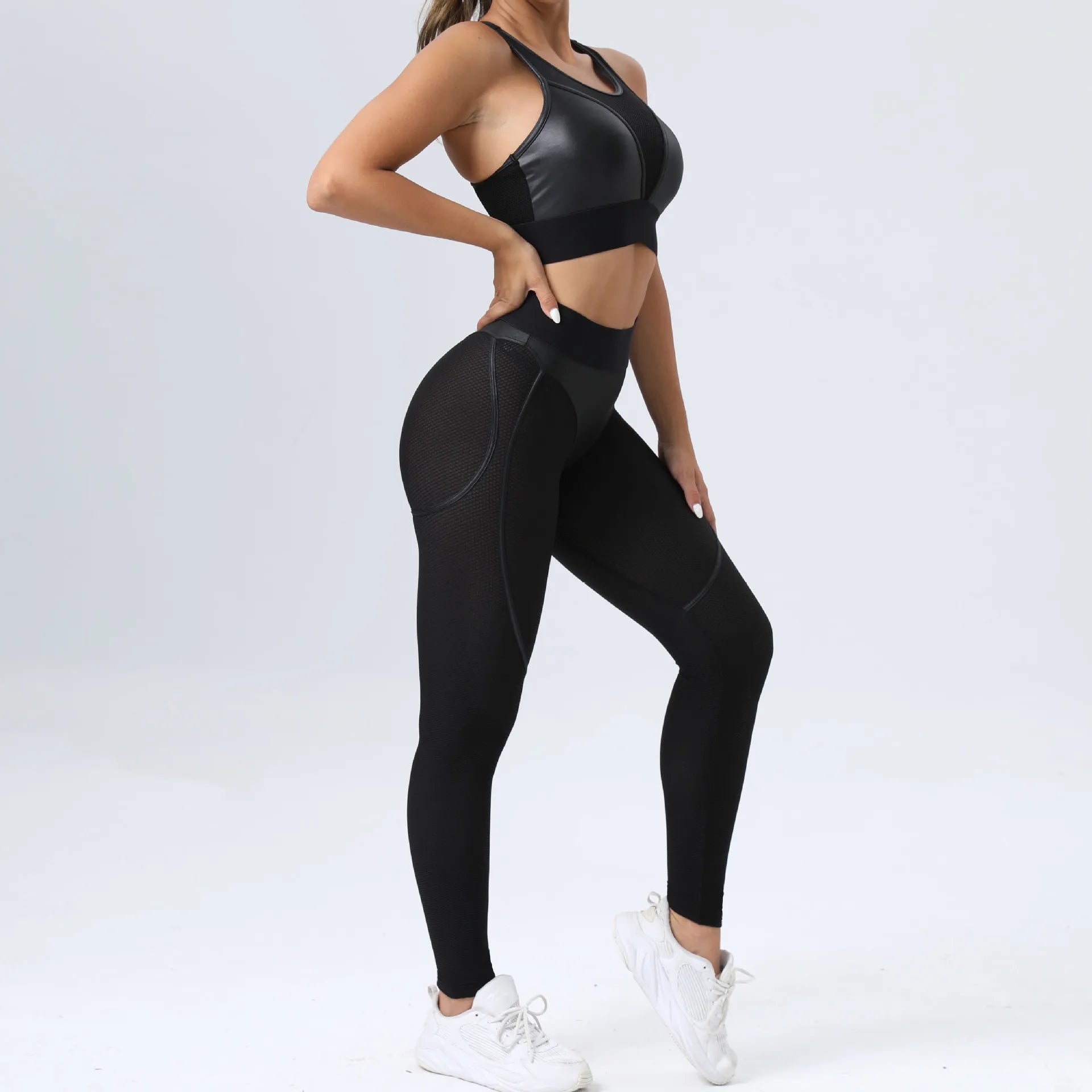 Faux Leather & Mesh Workout Set