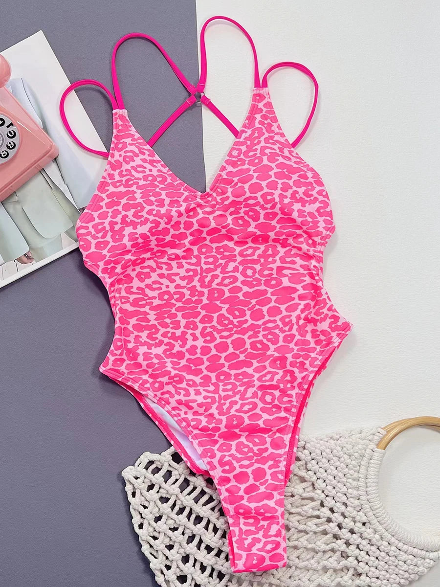 Leopard Print V-Neck One-Piece Swimsuit