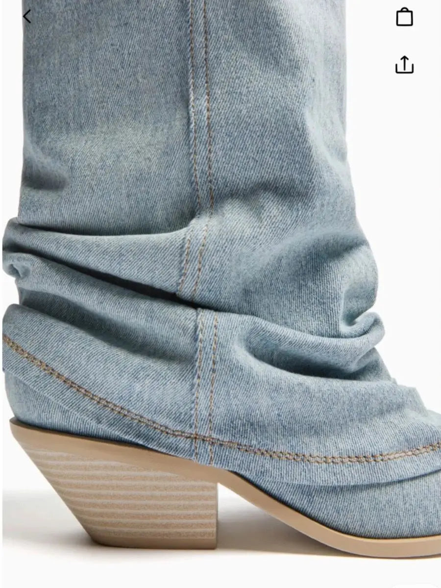 Distressed Denim Pointed Boots