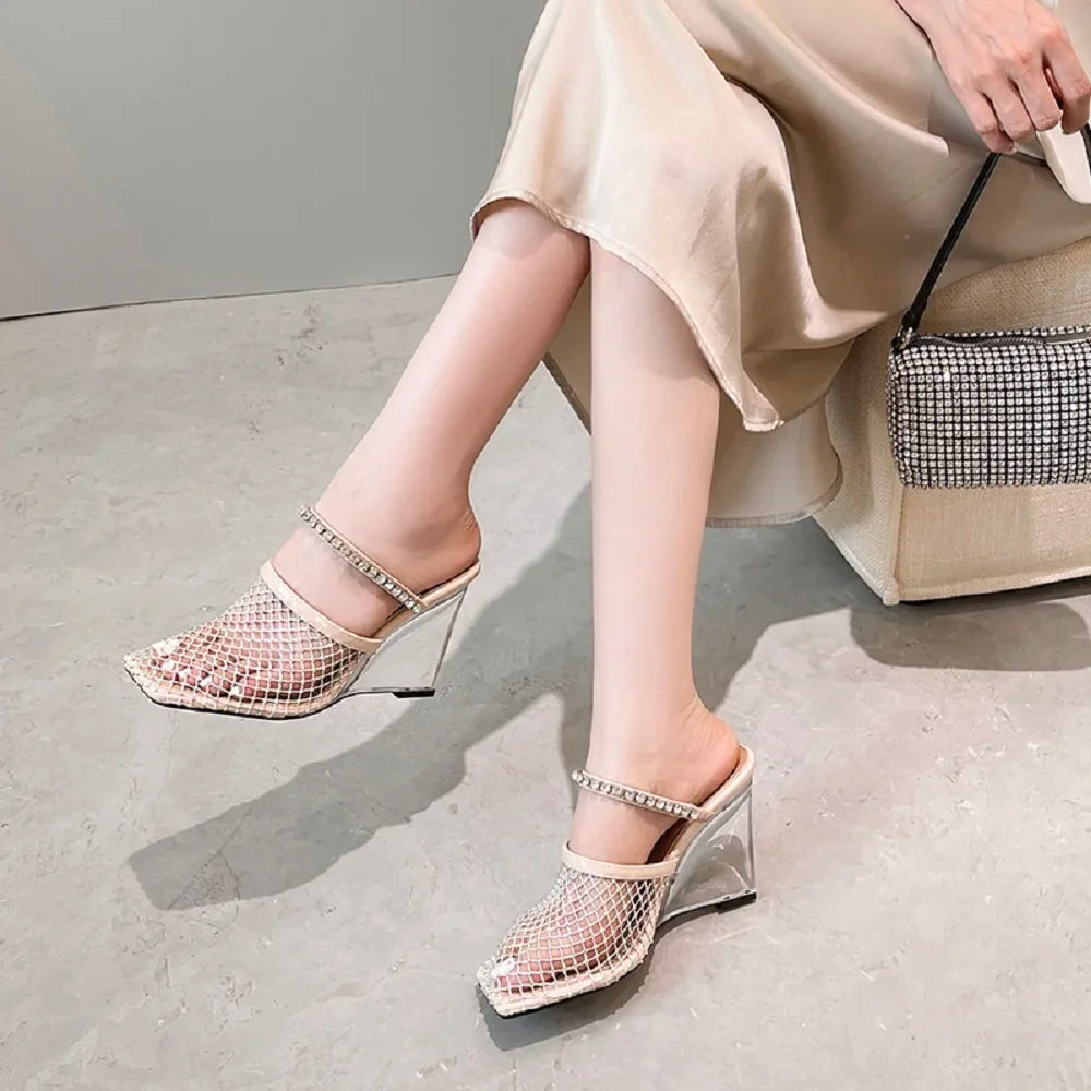 Sheer Mesh Wedge Mules