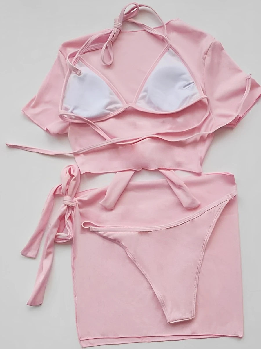 Tie Front Bikini Set with Matching Cover-Up Skirt