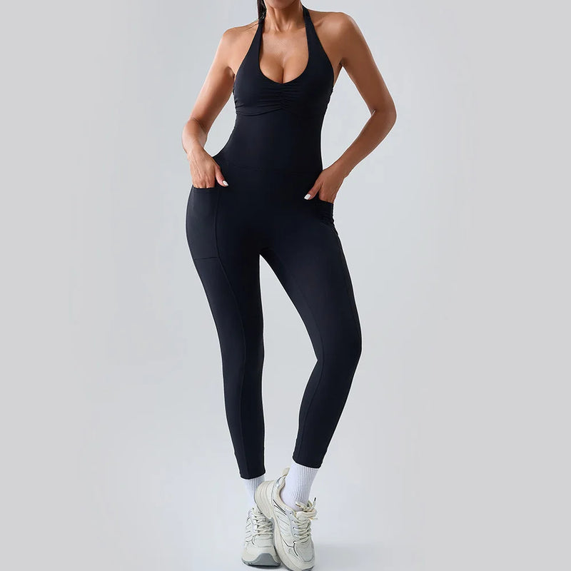 Halter Neck Pocket Athletic Jumpsuit