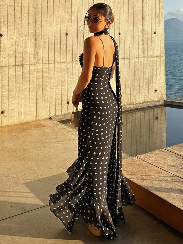 Midnight Polka Dot Ruffle Maxi Dress
