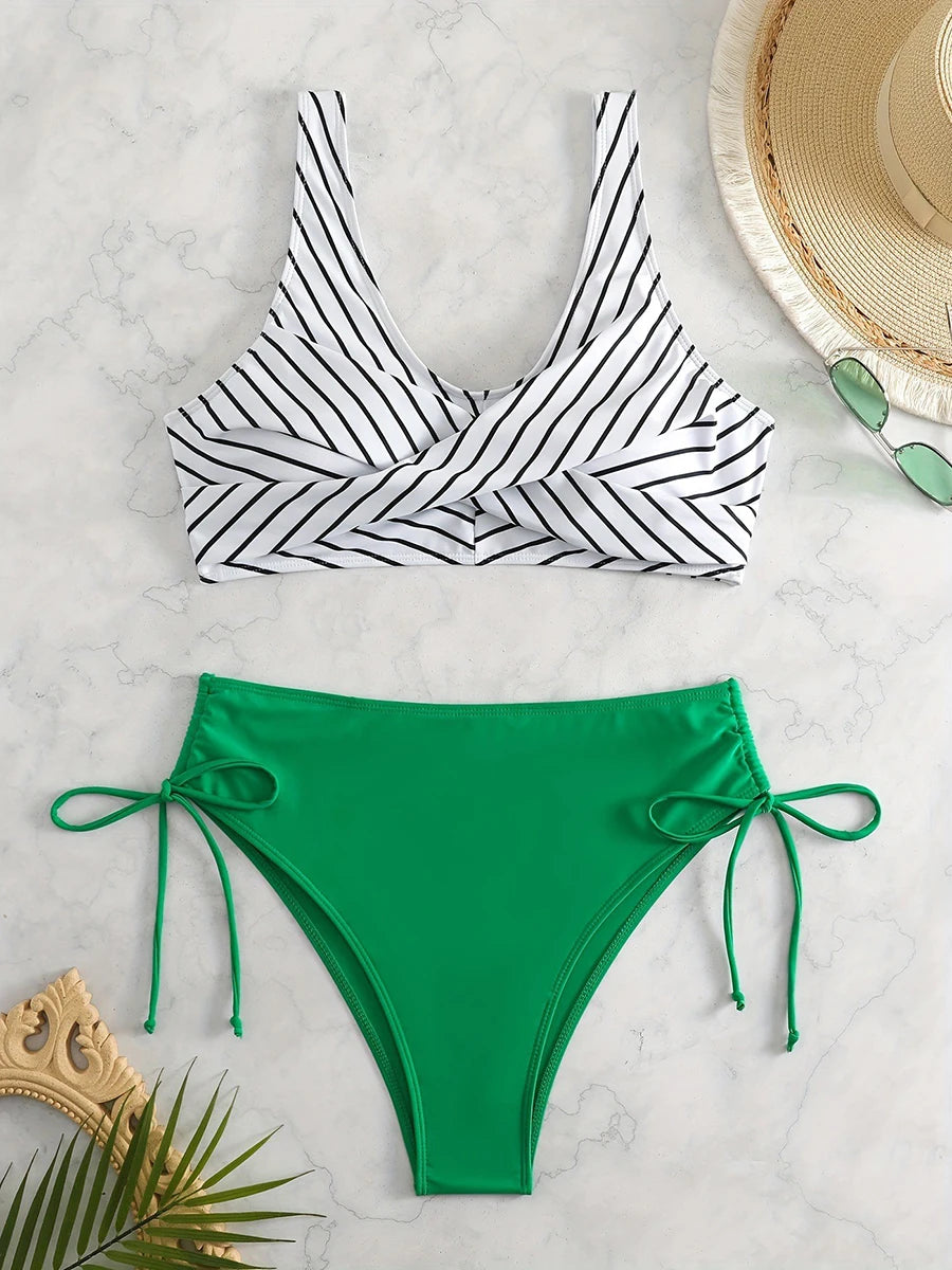 Striped Twist Bikini Top & Green Tie-Side Bottoms