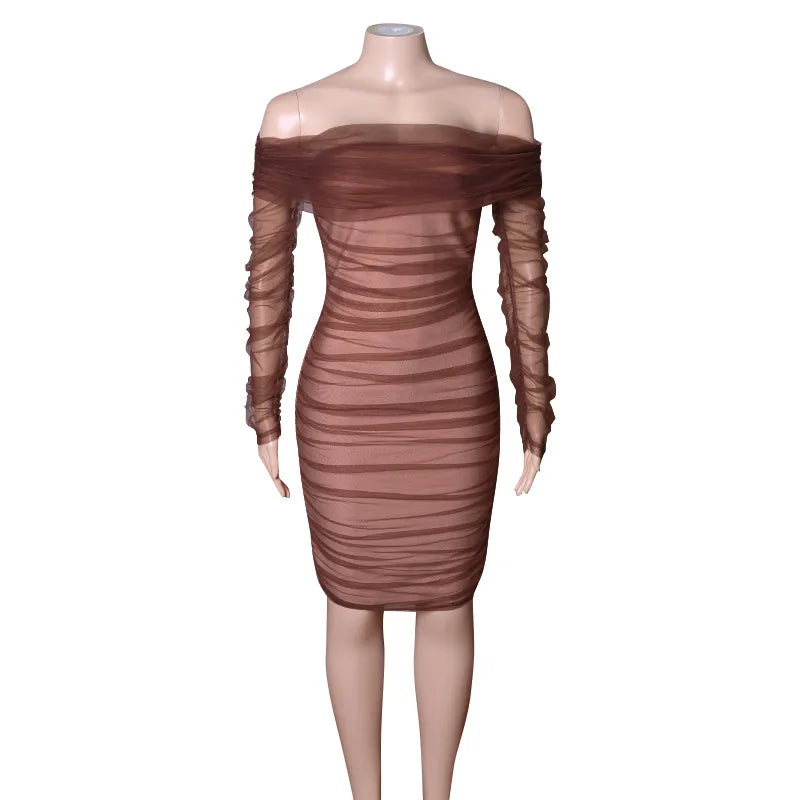 Off-Shoulder Mesh Ruched Bodycon Dress