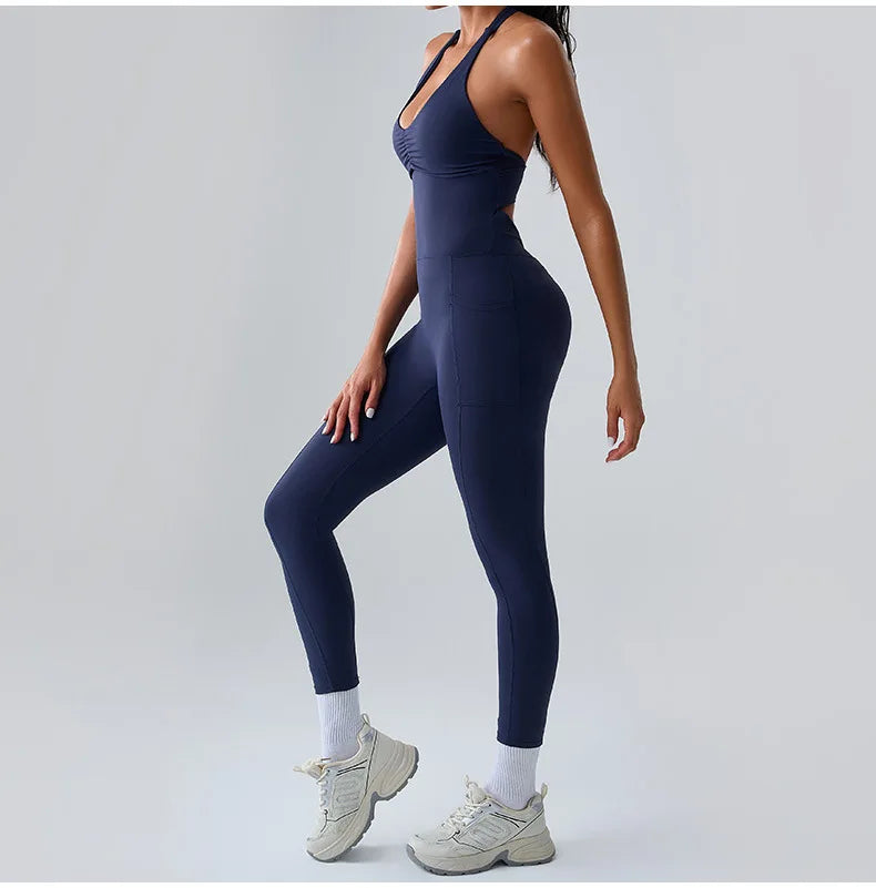 Halter Neck Pocket Athletic Jumpsuit