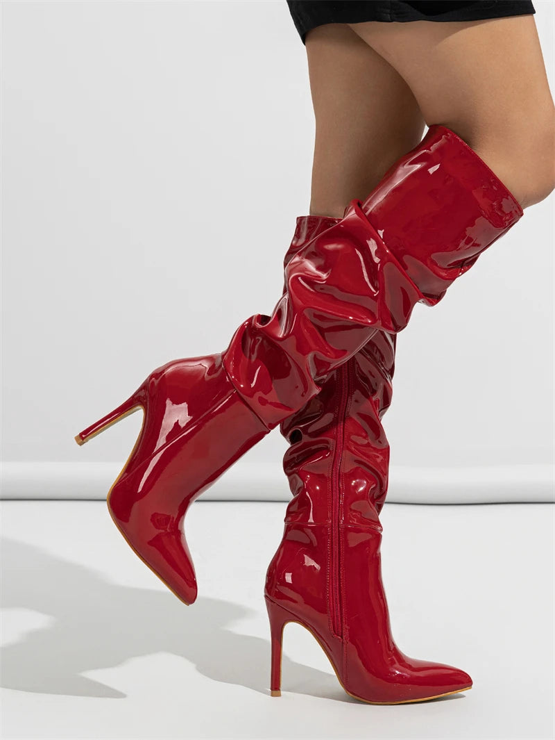 Sleek Patent Ruched Over-the-Knee Boots