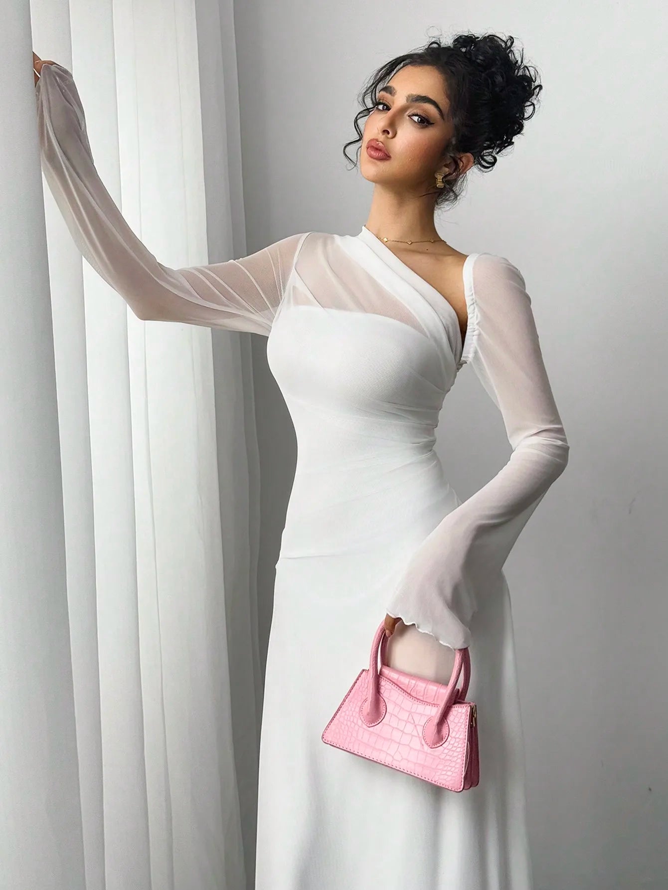 Asymmetrical Sheer Sleeve Evening Gown