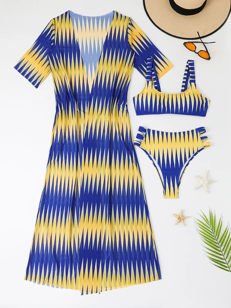 Geometric Print Three-Piece Swimsuit Set