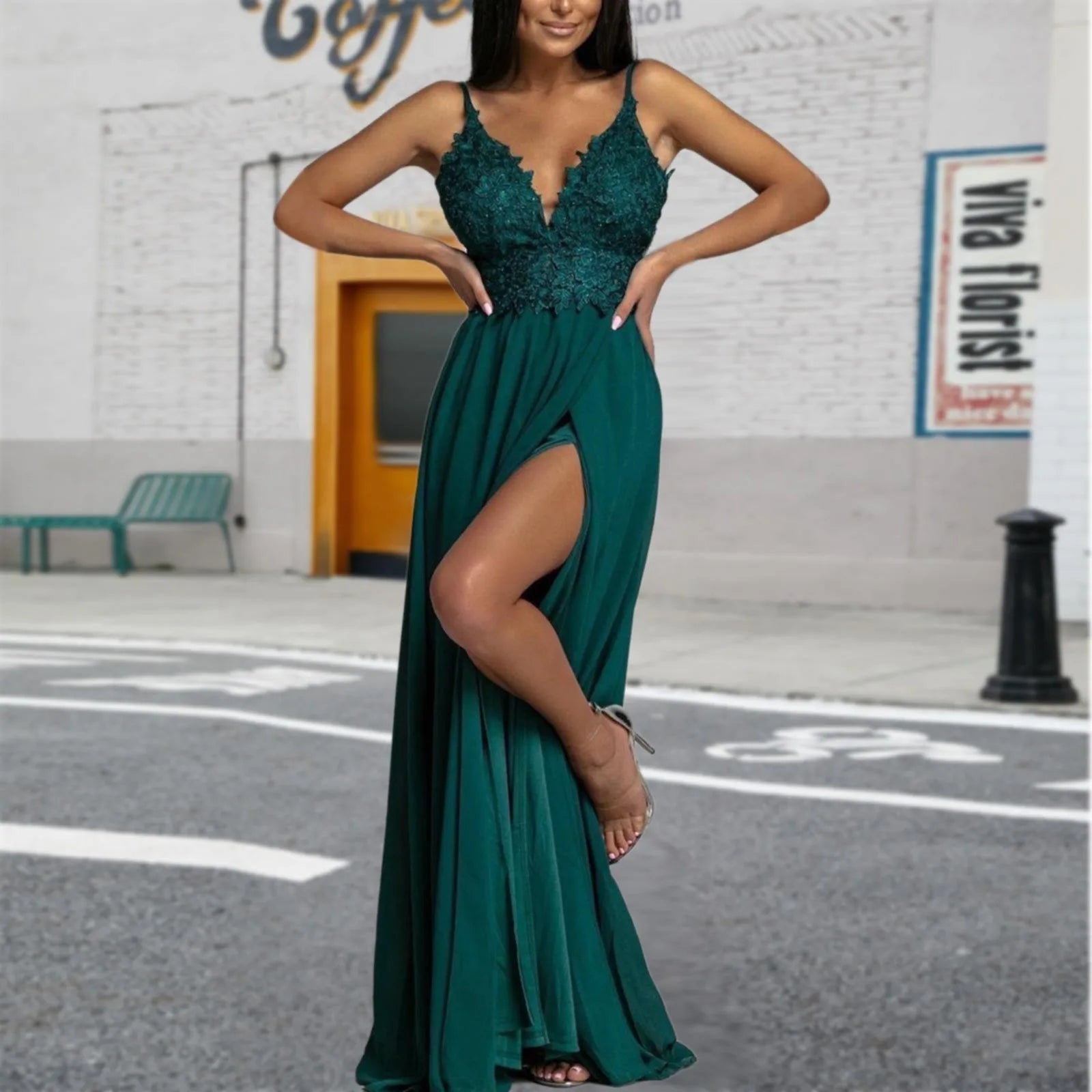 Lace Bodice Spaghetti Strap Maxi Dress