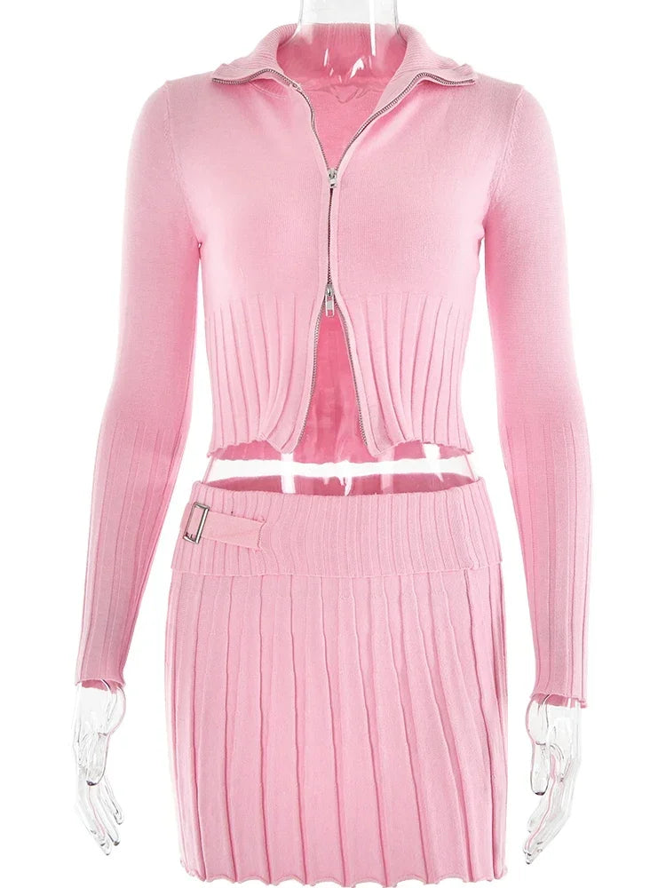 Ribbed Knit Zipper Top & Pleated Skirt Set