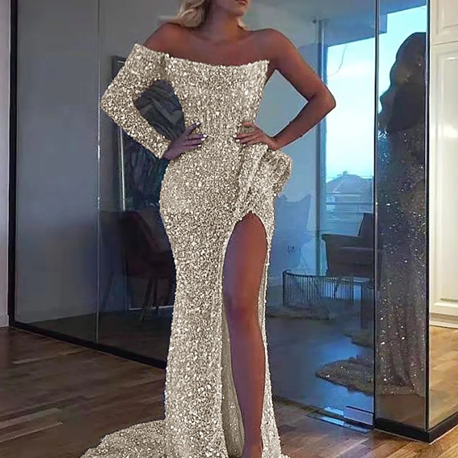 Off-Shoulder Sequin Evening Gown