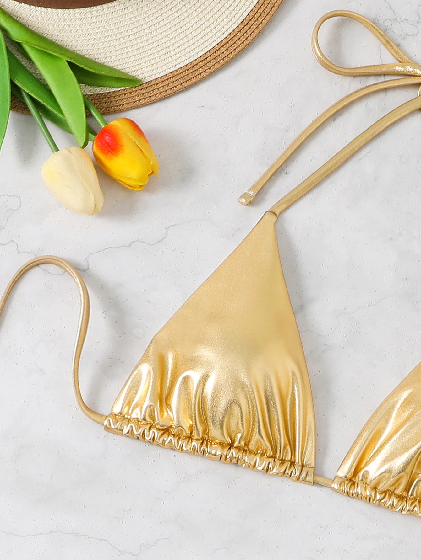 Glossy Triangle Bikini with Ruched Skirt