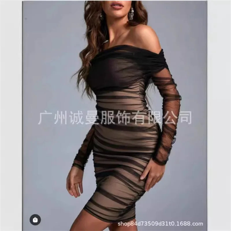 Off-Shoulder Mesh Ruched Bodycon Dress