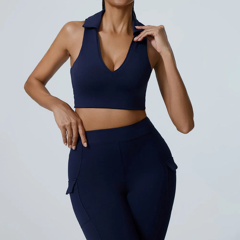 Collared V-Neck Crop Top & Pocket Leggings Set