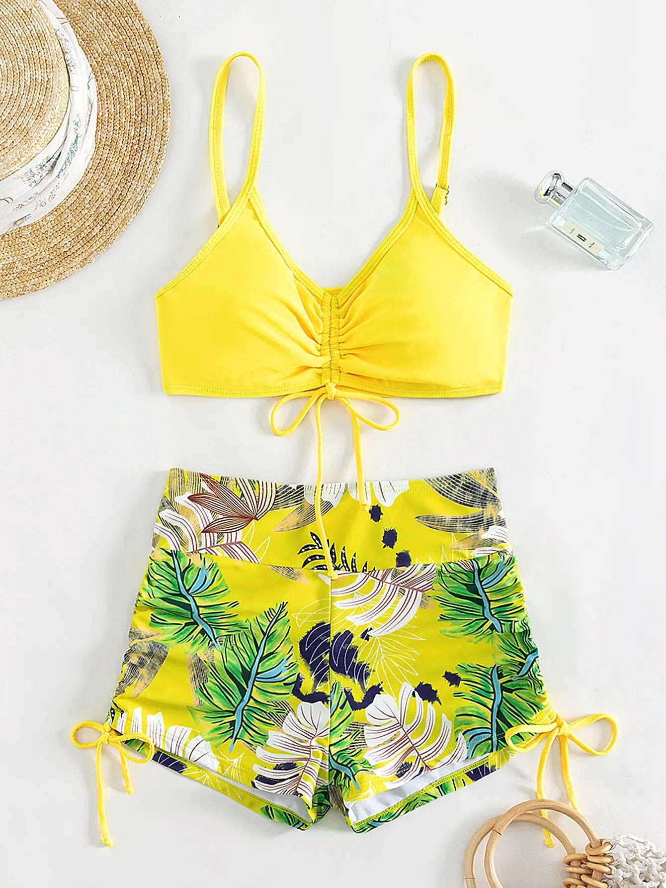 Striped Drawstring Bikini Set with Shorts