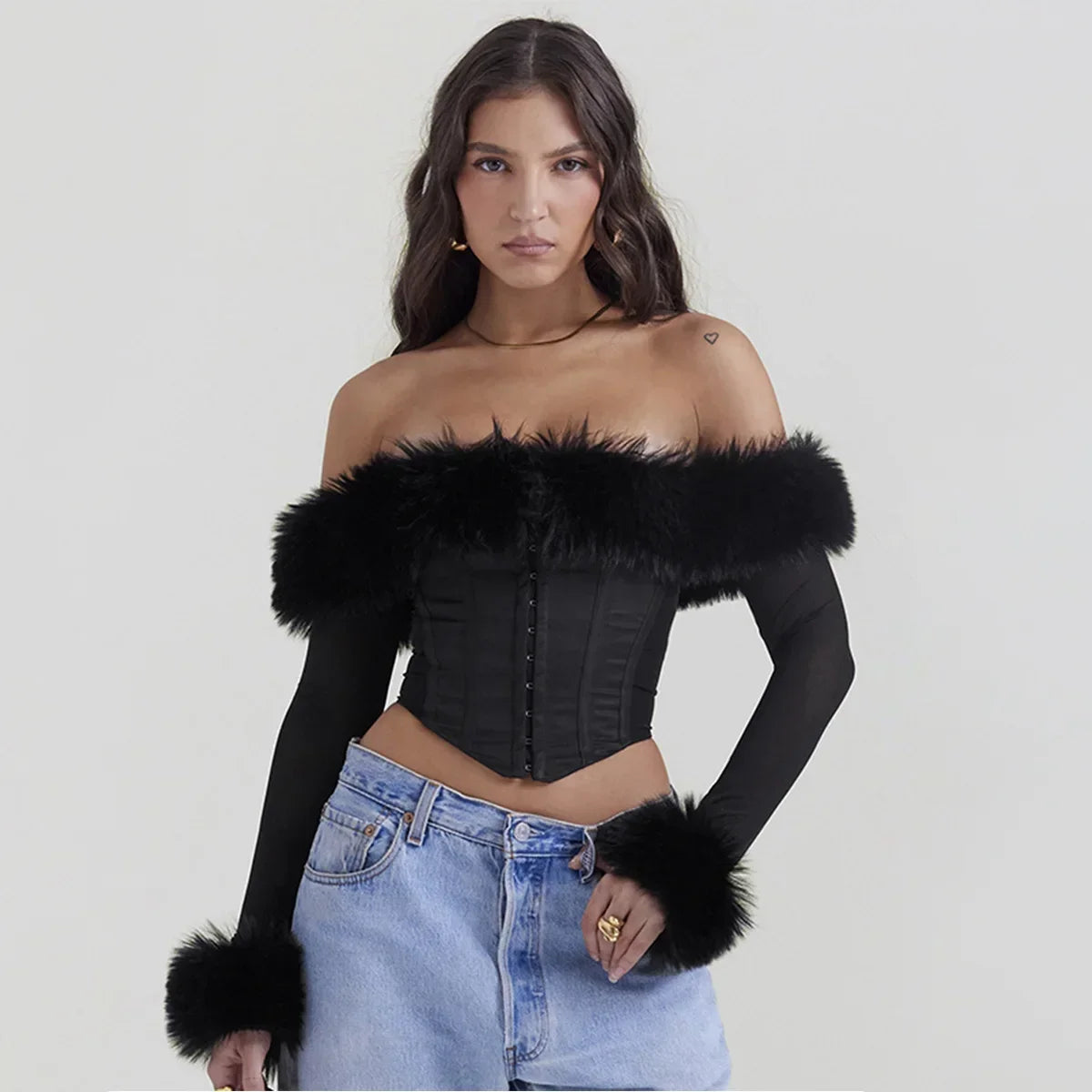 Feather Trim Corset Top