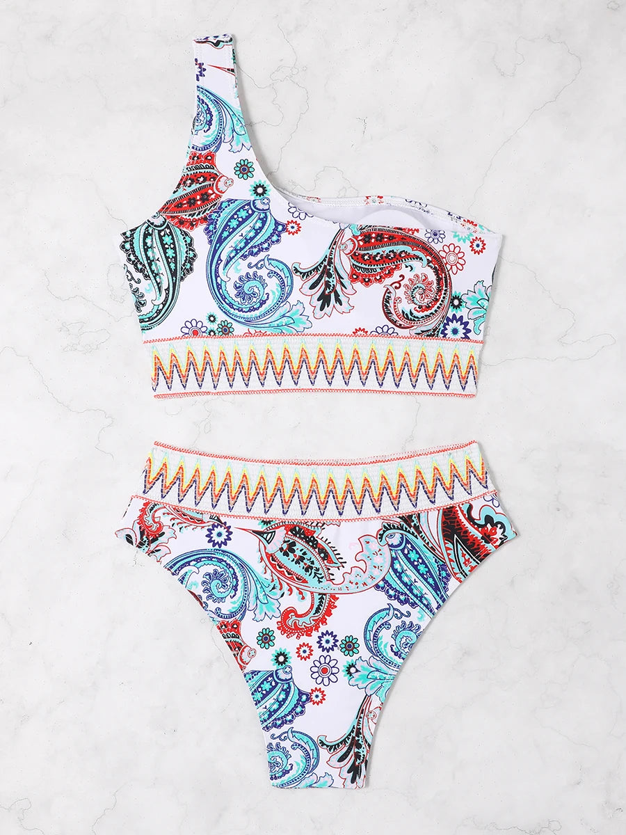 Paisley One-Shoulder Bikini Set