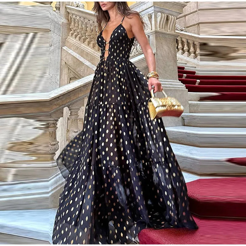Midnight Polka Dot Ruffle Maxi Dress