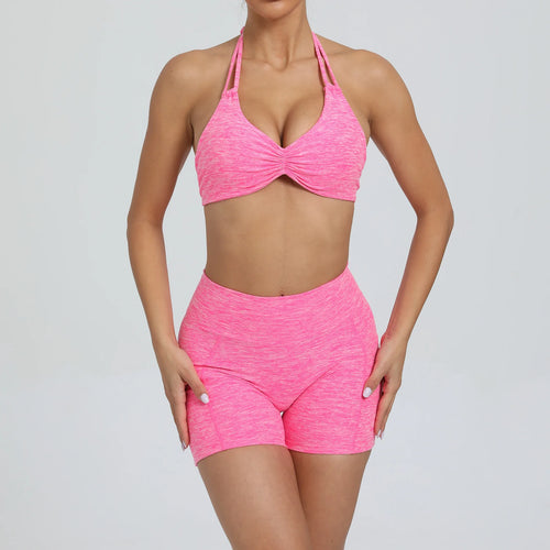 2 Pieces Sports Set Yoga Fitness Waist High Pockets for Raising Hip Shorts Backless Bra Suits Training Leggings Set for Women