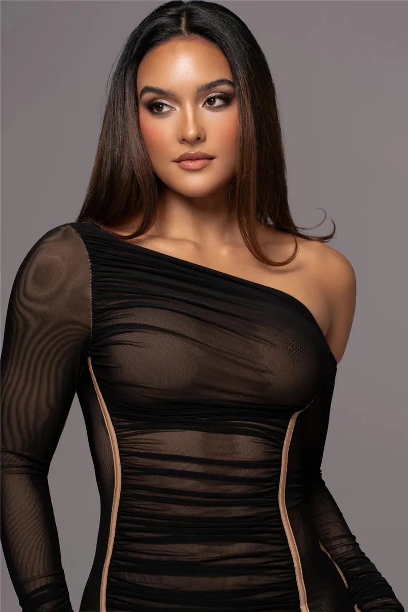 One-Shoulder Contour Mesh Dress