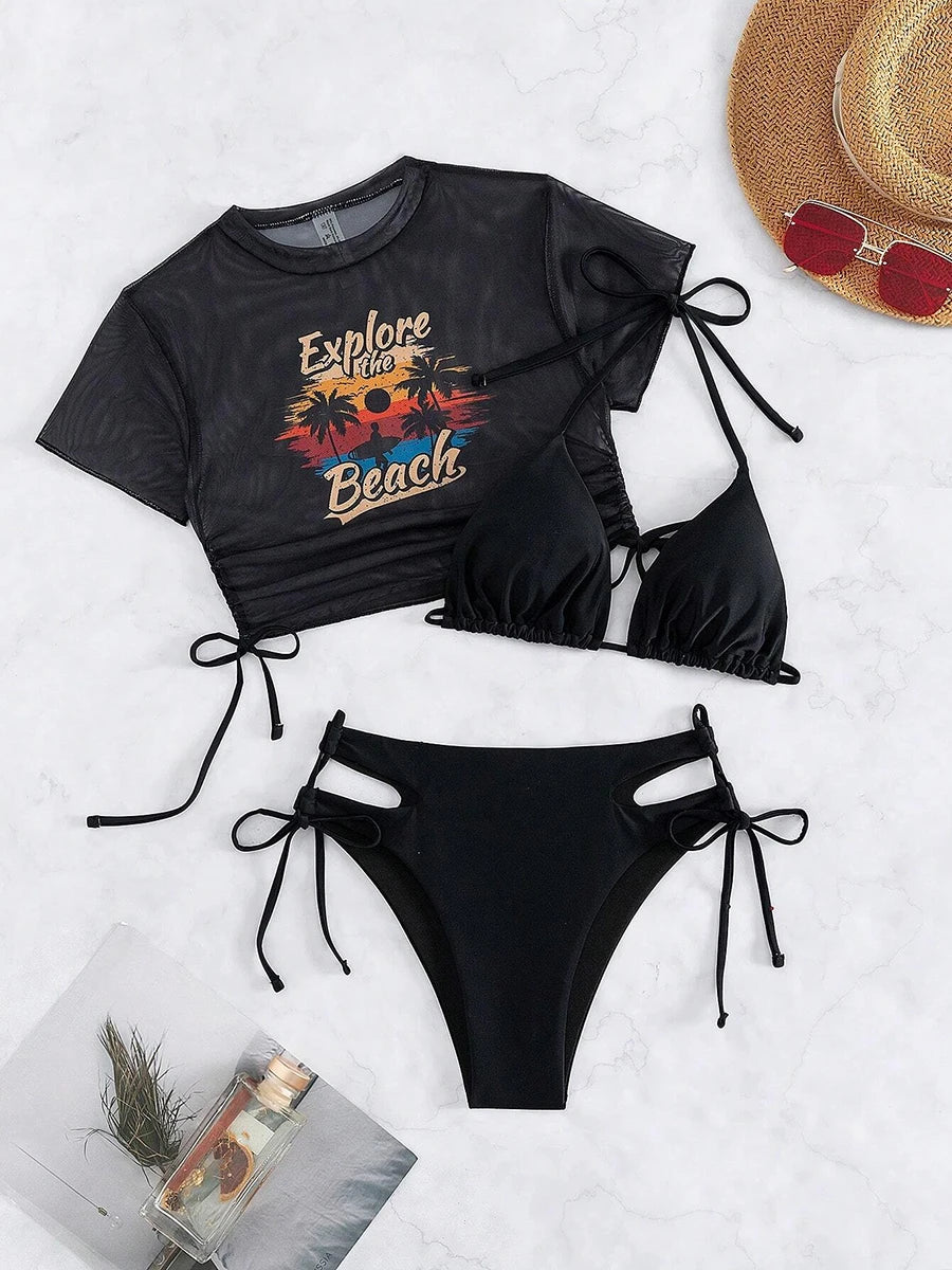 Mesh Crop Top Bikini Set
