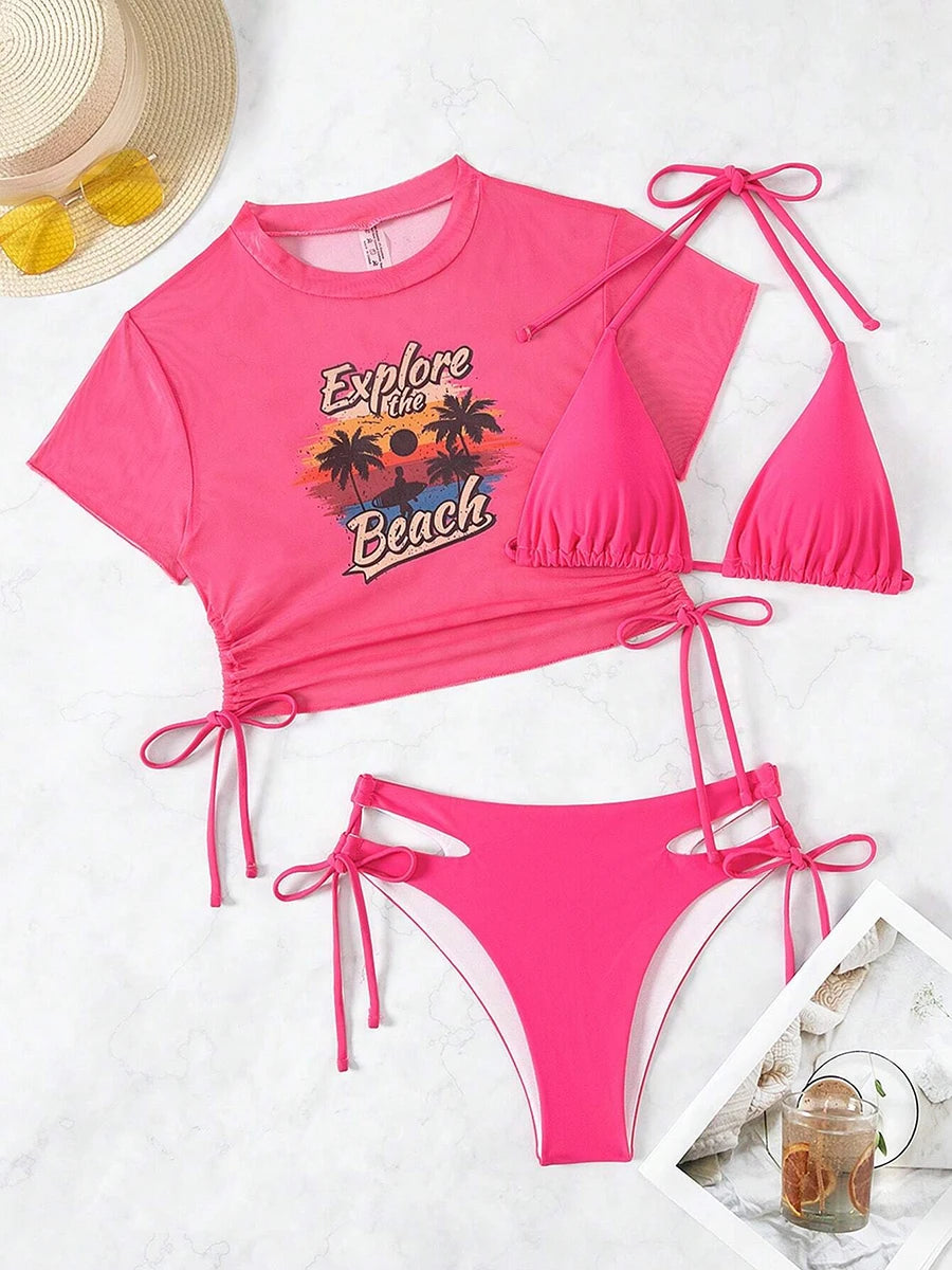Mesh Crop Top Bikini Set