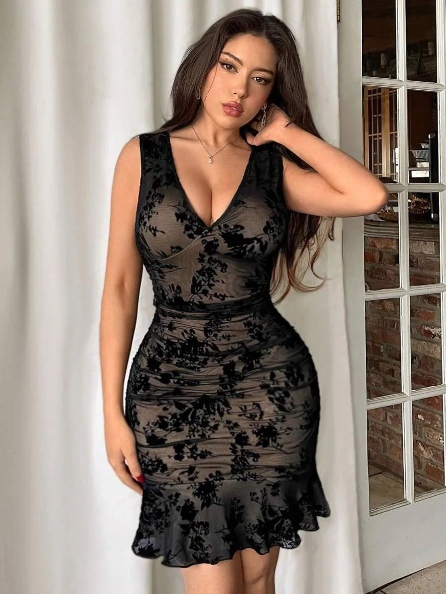 Velvet Blossom Mesh Bodycon Dress