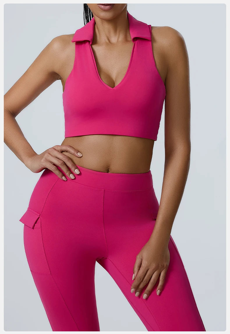 Collared V-Neck Crop Top & Pocket Leggings Set