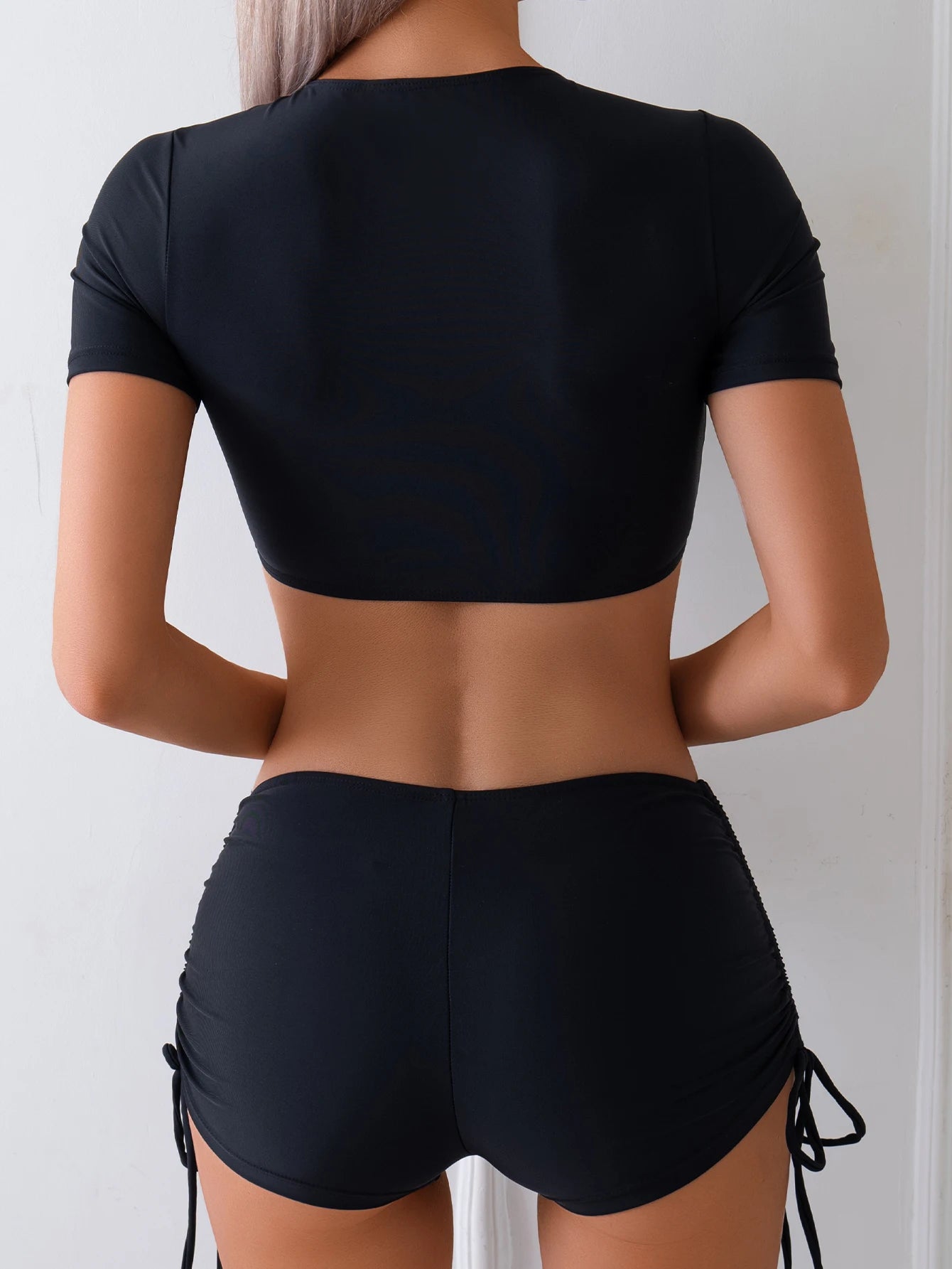Ruched Tie-Front Bikini Set with High-Waist Bottoms