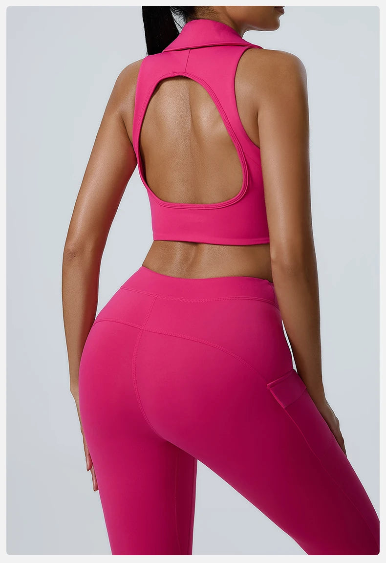 Collared V-Neck Crop Top & Pocket Leggings Set