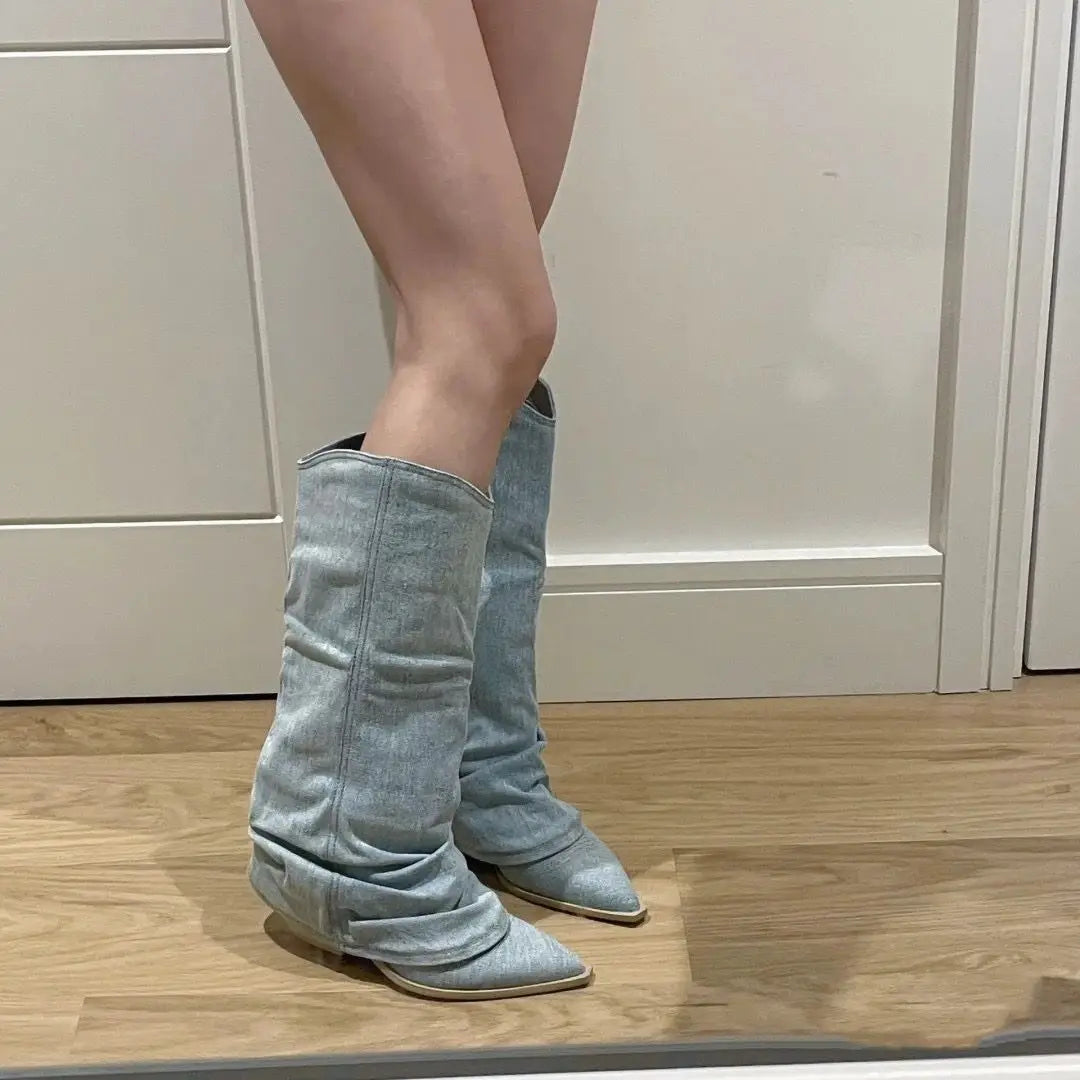Distressed Denim Pointed Boots