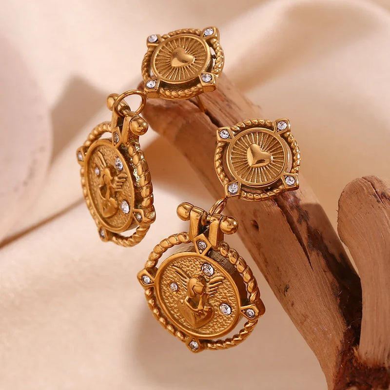 Heart Key Coin Drop Earrings