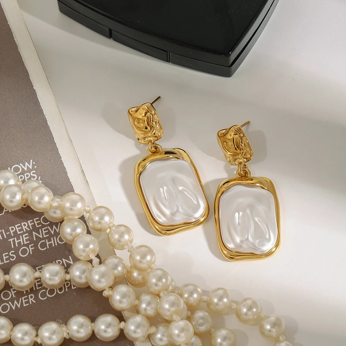 Molten Baroque Pearlescent Rectangle Drop Earrings