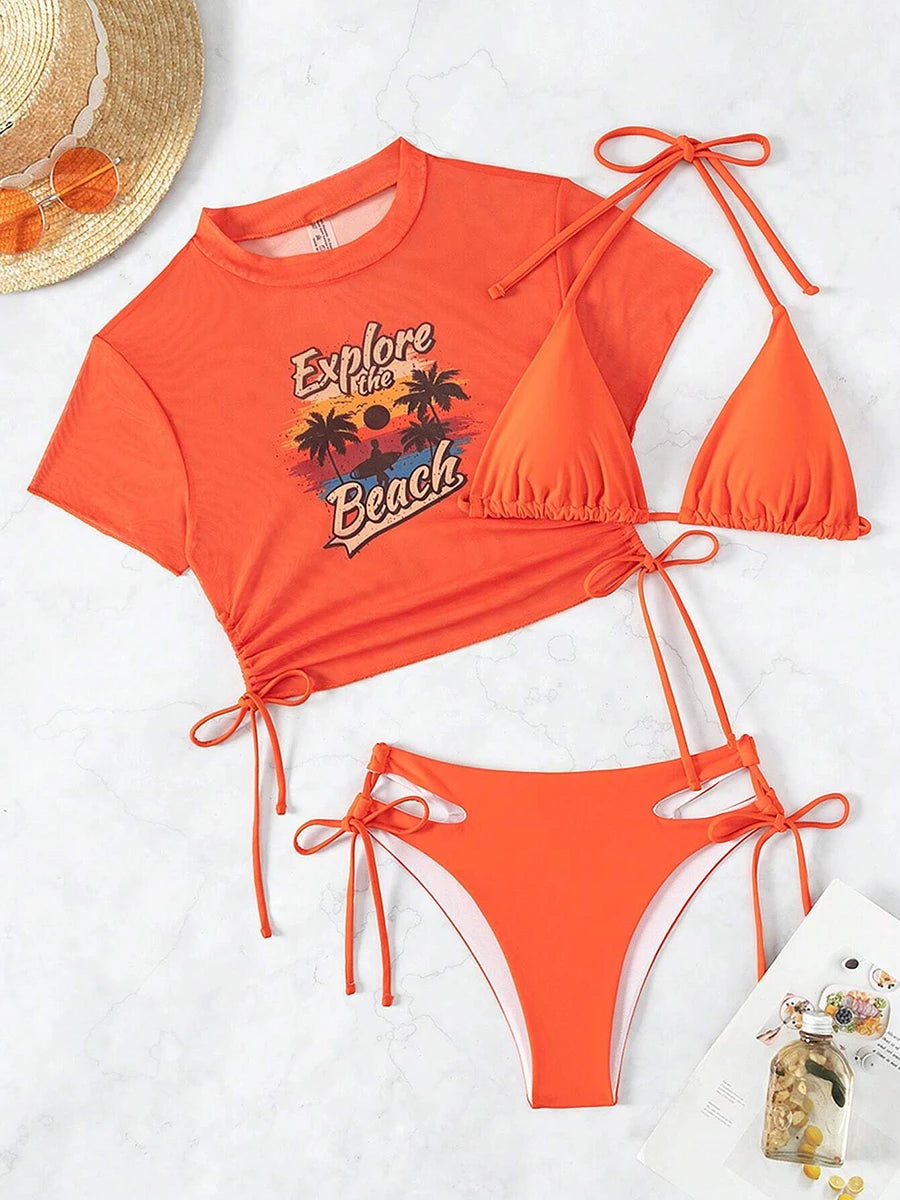 Mesh Crop Top Bikini Set