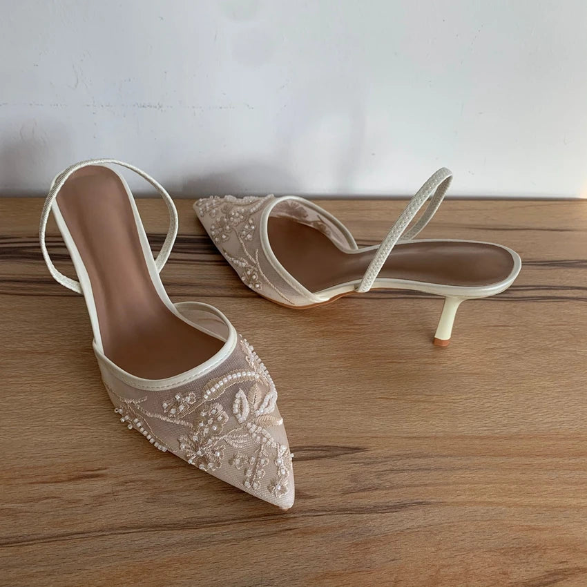 Embroidered Slingback Kitten Heels