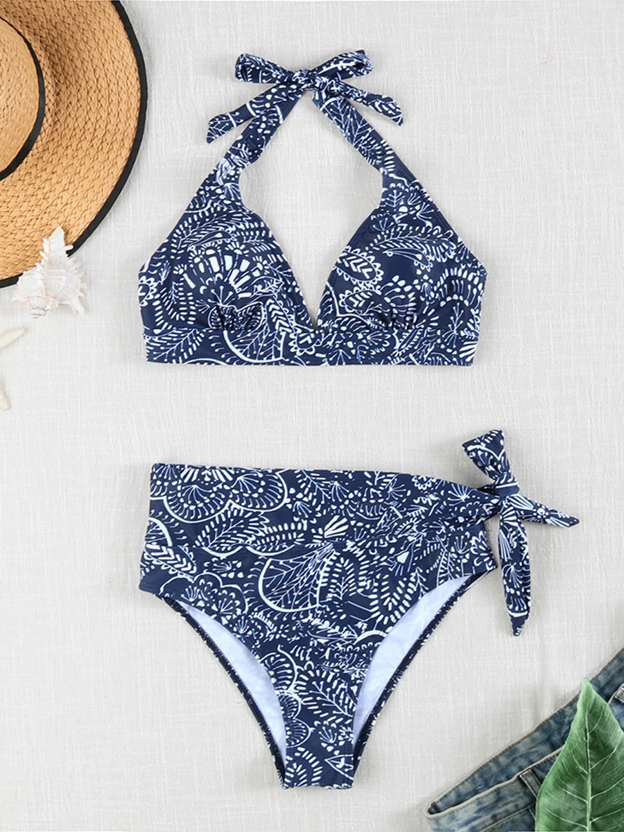 Swirl High-Waist Halter Bikini Set