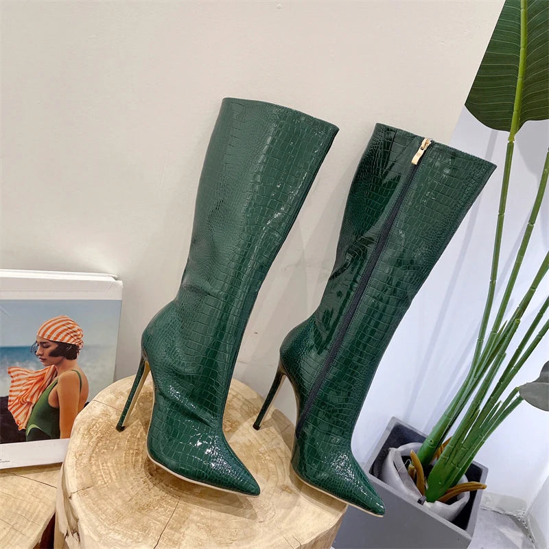 Knee-High Faux Croc Stiletto Boots
