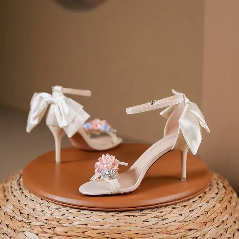 Floral Bow Ankle Strap Heels