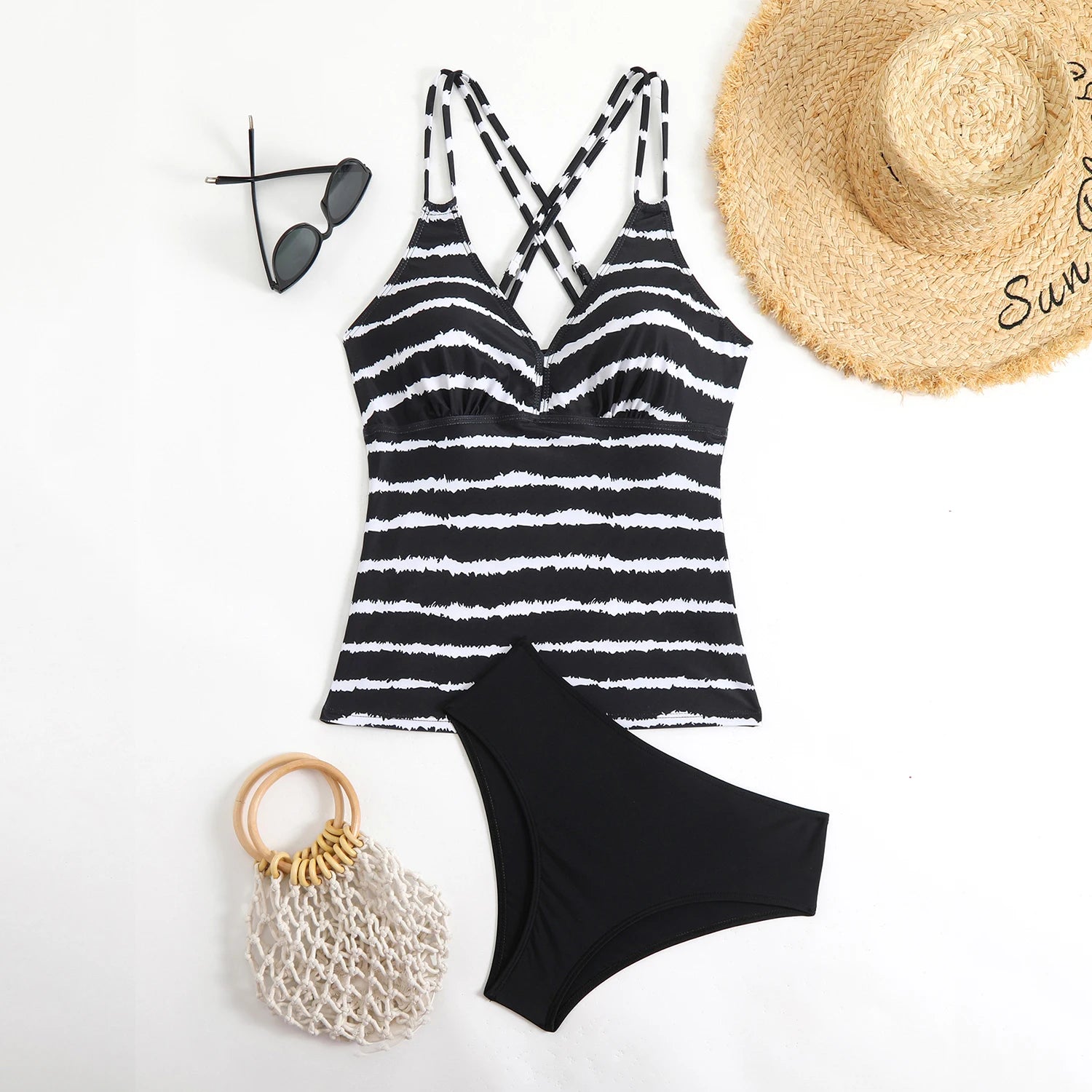 Striped Tankini Set with Mid-Rise Bottoms