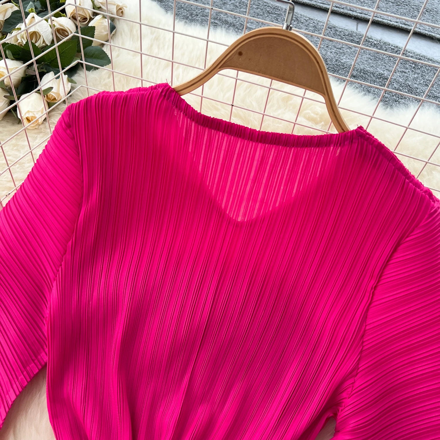 Pleated Flare Sleeve Midi Dress