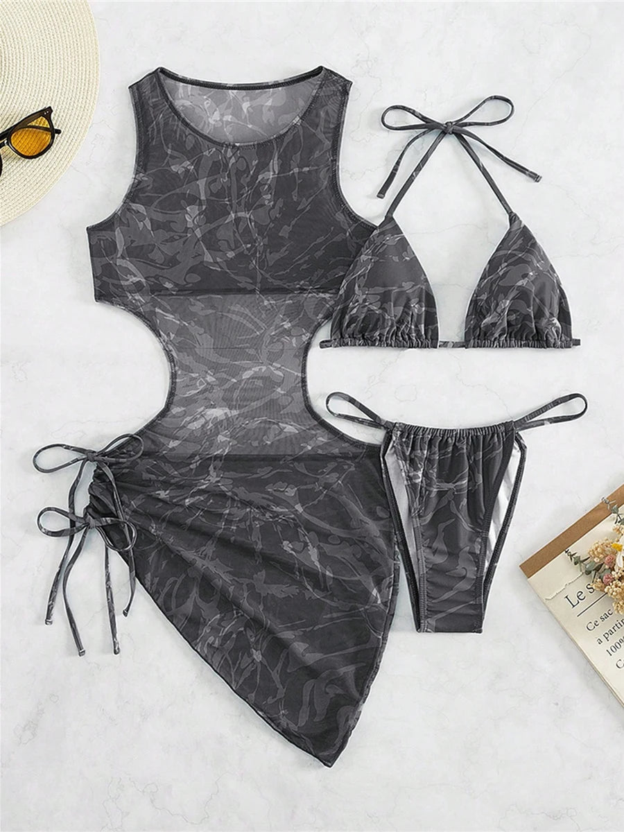 Sheer Mesh Cutout Swimsuit Dress